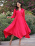 Women Fuchsia Asymmetrical Hem Dress, With V-neck